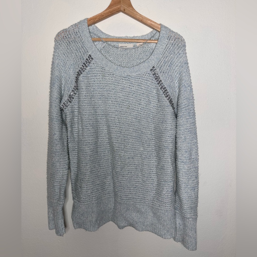 Anthropologie Sleeping in Snow Soft Blue Sweater With Rhinestone Accents